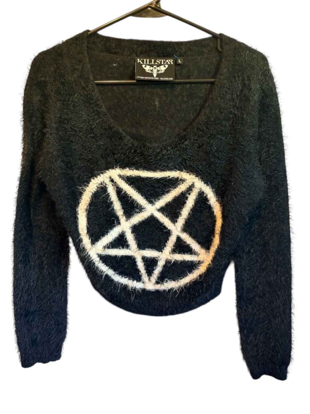 Killstar Black Fuzzy Pentagram Scoop-Neck Sweater with White Graphic